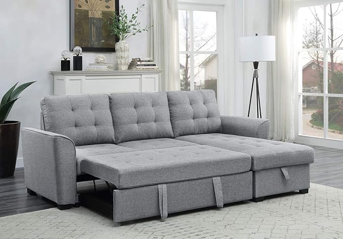 90.5" L Shaped Sectional Sleeper Sofa with Reversible Storage Chaise, Linen Couch Pull Out Bed for Living Room, Small Space, Apartment, Light Gray - LeafyLoom