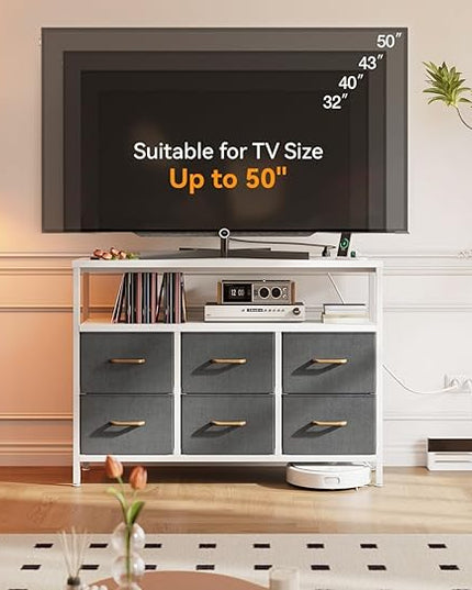 AODK TV Stand with Power Outlet, 40" Long TV Stand with 6 Large Fabric Drawers, Entertainment Center with Open Shelves for 55 Inch TV, Living Room, White and Light Grey - LeafyLoom