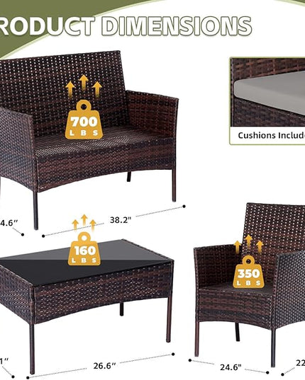 Patio Furniture Set 4 Pieces Conversation Sets Outdoor Wicker Rattan Chairs Garden Backyard Balcony Porch Poolside Loveseat with Soft Cushion and Tempered Glass Table(Brown/Grey) - LeafyLoom