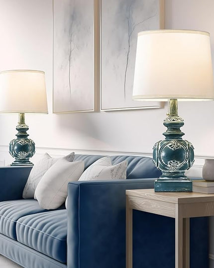 20.75" Farmhouse Table Lamps for Bedroom Set of 2, Rustic Bedside Lamps with 2 USB Port, Retro side table lamp Antique Nightstand Lamp for Living Room End Table Office Country, Traditional Washed Blue - LeafyLoom