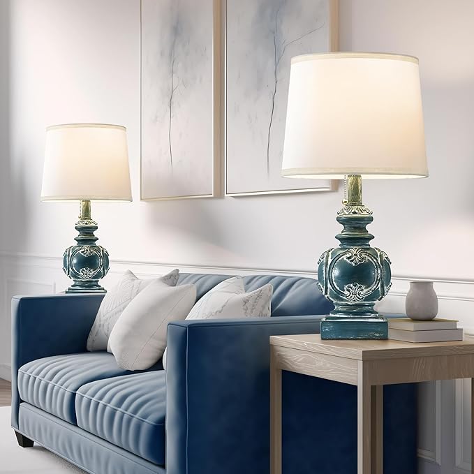 20.75" Farmhouse Table Lamps for Bedroom Set of 2, Rustic Bedside Lamps with 2 USB Port, Retro side table lamp Antique Nightstand Lamp for Living Room End Table Office Country, Traditional Washed Blue - LeafyLoom