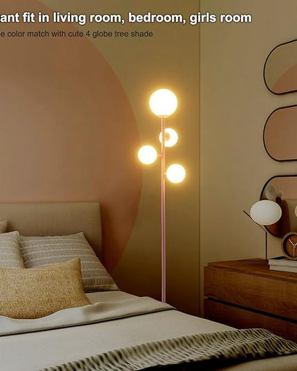 4 Globe Floor Lamp for Living Room, Gold Modern Standing Lamp with Frosted Sphere Glass Shade, 3000K Warm Light LED Bulbs Included, Tall Tree Lamp for Bedroom, Home & Office - Pink - LeafyLoom