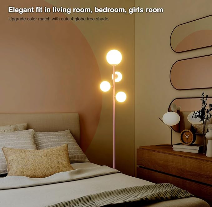 4 Globe Floor Lamp for Living Room, Gold Modern Standing Lamp with Frosted Sphere Glass Shade, 3000K Warm Light LED Bulbs Included, Tall Tree Lamp for Bedroom, Home & Office - Pink - LeafyLoom