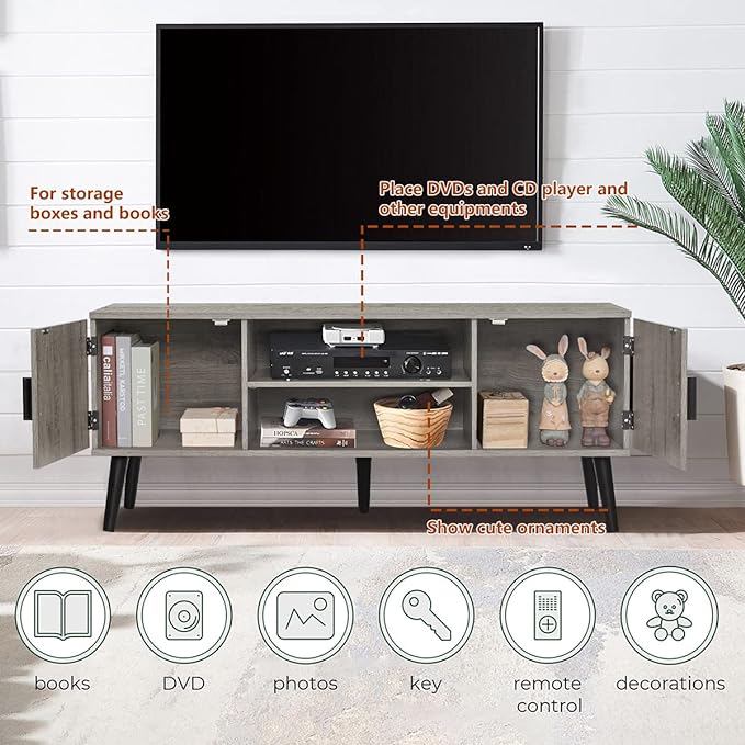 Iwell TV Stand for 55 inch TV, Entertainment Center with Storage and Open Shelf, TV Console, TV Stands for Living Room, Bedroom, Grey - LeafyLoom