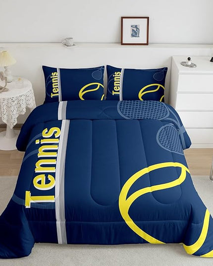 Feelyou Kids Tennis Comforter Set Queen Size Tennis Sports Bedding Set for Boys Girls Teens Bedroom Decor Tennis Gaming Comforter Blue Yellow Tennis Lovers Duvet Set with 2 Pillow Case - LeafyLoom