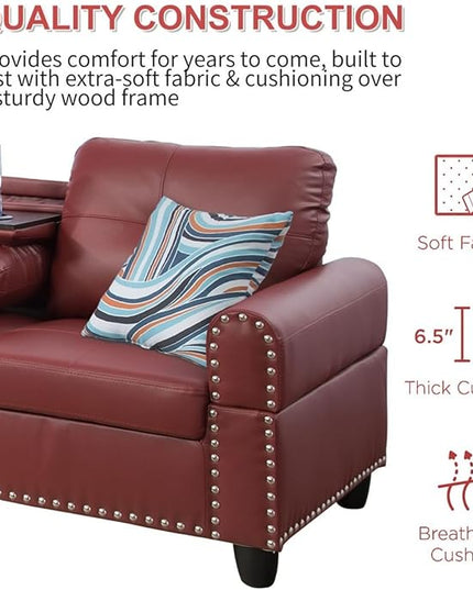 Leather L Shaped Sectional Ottoman Modern Nail-Head Comfy Lounge Modular Sofa with Cup Holder & Chaise for Living Room, Bedroom, Office, L Couch Red - LeafyLoom