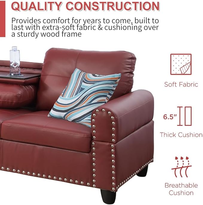 Leather L Shaped Sectional Ottoman Modern Nail-Head Comfy Lounge Modular Sofa with Cup Holder & Chaise for Living Room, Bedroom, Office, L Couch Red - LeafyLoom