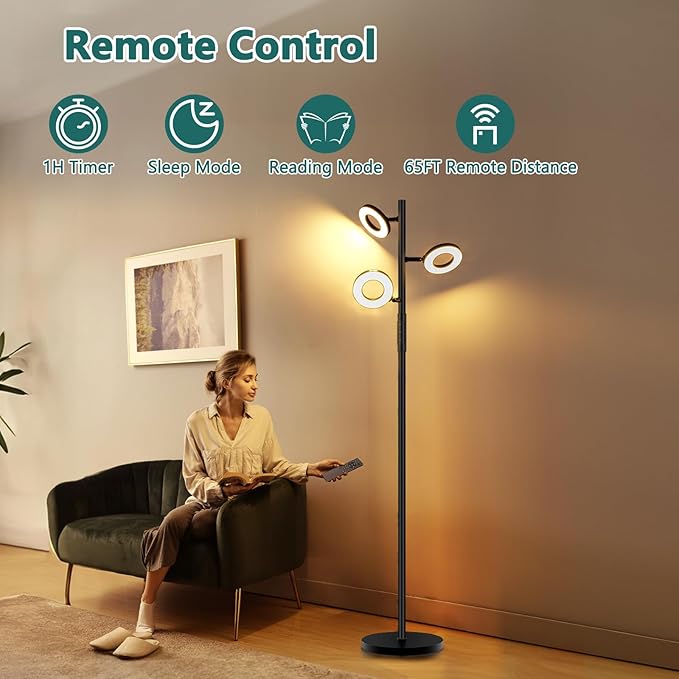 Floor Lamp, Modern Dimmable Standing Floor Lamp with Remote & Touch Control, 2700K-6500K, 3 Rotatable LED Floor Lamps for Living Room, Tall Floor Lamp for Bedroom, Office - LeafyLoom