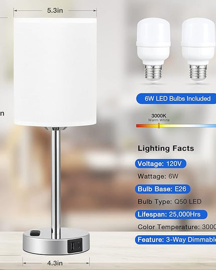 Touch Lamps for Bedrooms Set of 2 White - 3 Way Dimmable Bedside Lamp with USB C and A Ports and Outlets, Modern Nightstand Lamp with Linen Shade and Silver Base, Small Table Lamps for Kids Nursery - LeafyLoom