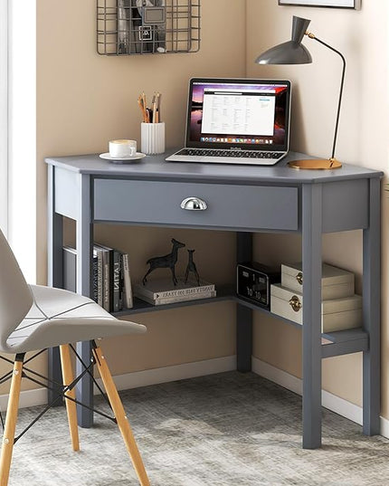 Nightcore Small, Wood Computer Desk, Compact Writing w/Drawer & Storage Shelves, Space Saving Study Workstation, Laptop PC Corner Table, Grey - LeafyLoom