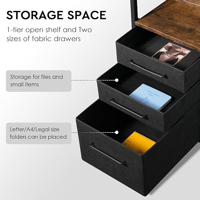 Computer Desk with Drawers, 47 Inch Desk with 2 Drawers and Shelves, Office Desk with Storage, Desk with Storage Bag, Home Office desks with Drawers, Metal Frame for PC Laptop, Rustic Brown - LeafyLoom