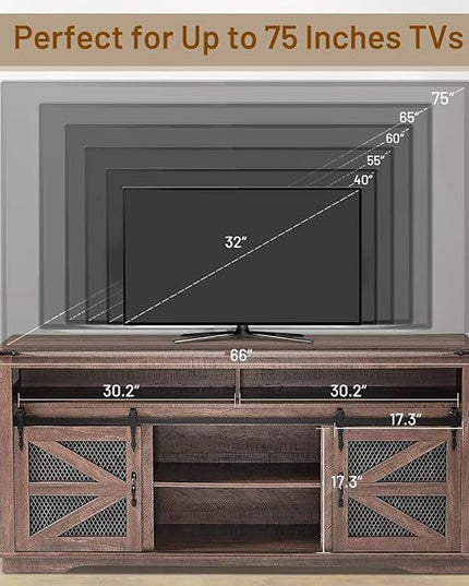 Zanzio 66" Farmhouse TV Stand for up to 75 inch TVs, Rustic Entertainment Center Media Console Table with Sliding Barn Doors Living Room Bedroom Wooden TV Cabinet (Distressed Brown) - LeafyLoom