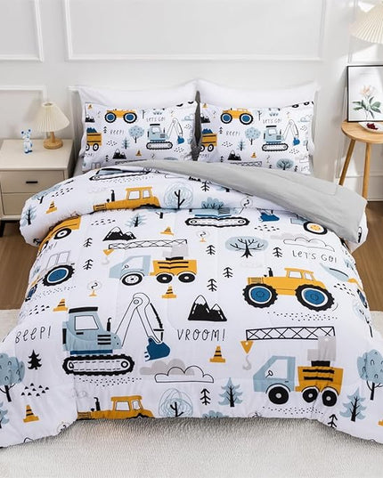 NTBED 5 Pieces Construction Truck Full Comforter Set for Boys Kids Forest Vehicles Excavator Lightweight Microfiber Bedding Sets - LeafyLoom