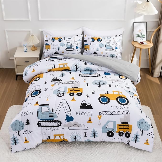 NTBED 5 Pieces Construction Truck Full Comforter Set for Boys Kids Forest Vehicles Excavator Lightweight Microfiber Bedding Sets - LeafyLoom