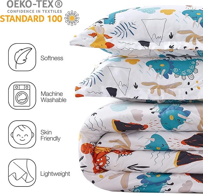 JSD Dinosaur Kids Comforter Set for Boys Girls, 2 Pieces Twin Microfiber Comforter with Pillow Sham, Soft Comfortable Machine Washable - LeafyLoom