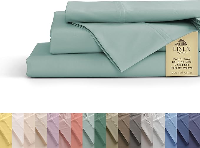 100% Cotton Percale Sheets California King Size, Pastel turk, Deep Pocket, 4 Pieces Sheet Set - 1 Flat, 1 Deep Pocket Fitted Sheet and 2 Pillowcases, Crisp Cool and Strong Bed Linen - LeafyLoom
