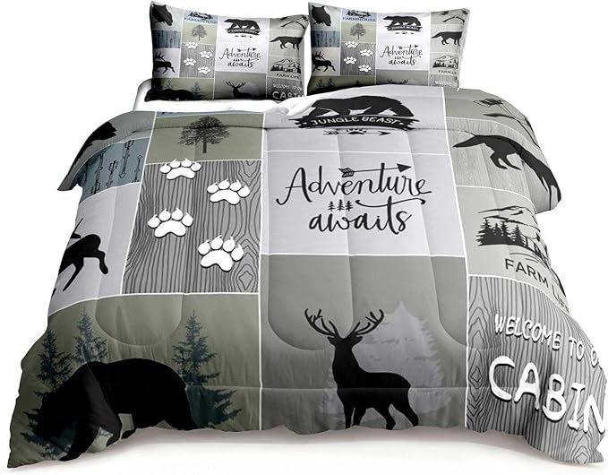LUVIVIHOME 3PCS Rustic Cabin Comforter Set Full Size, Farmhouse Bedding Sets, Black Bear Deer Elk Moose Wolf Owl Forest Woodland Animals Wildlife Hunting Country Lodge Patchwork Quilt, 2 Pillow Shams - LeafyLoom