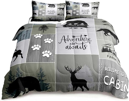 LUVIVIHOME 3PCS Rustic Cabin Comforter Set Queen Size, Farmhouse Bedding Sets, Black Bear Deer Elk Moose Wolf Owl Forest Woodland Animals Wildlife Hunting Country Lodge Patchwork Quilt, 2 Pillow Shams - LeafyLoom