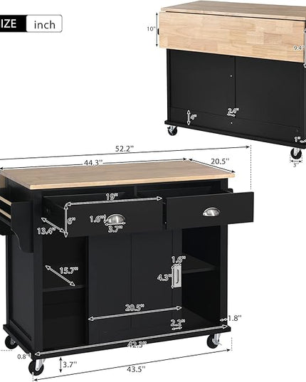 Cart with Rubber Wood Drop-Leaf Countertop and Sliding Barn Door, Rolling Mobile Island on Wheels w/Storage and Towel Rack for Dining Room Kitchen, Black, 52.2 Inch - LeafyLoom