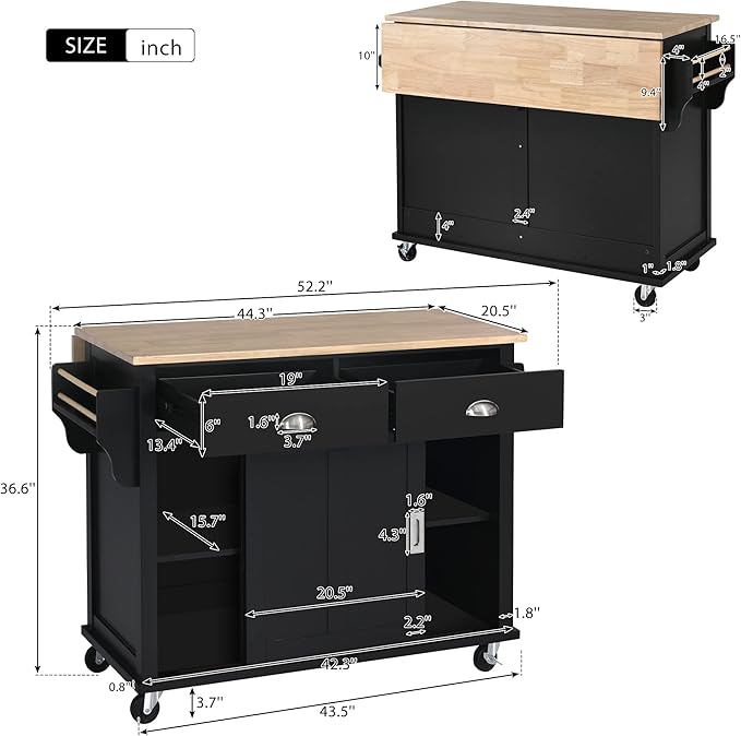 Cart with Rubber Wood Drop-Leaf Countertop and Sliding Barn Door, Rolling Mobile Island on Wheels w/Storage and Towel Rack for Dining Room Kitchen, Black, 52.2 Inch - LeafyLoom