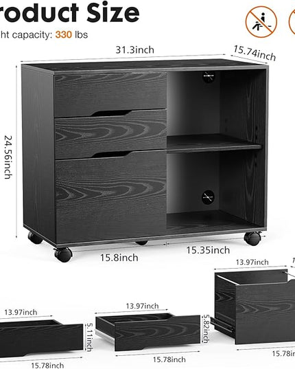 Sweetcrispy 3 Drawer File Cabinet Organizer Lateral Printer Stand Rolling Desk with Adjustable Storage Shelves for Office Home Small Space, Black Wood - LeafyLoom