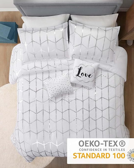 Intelligent Design Raina King / Cal King Comforter Set, Soft Microfiber Comforter Set King, Modern Geometric Metallic Bed Set, 5 Pieces College Bedding Comforter Set with 2 Shams, 2 Toss Pillows White - LeafyLoom