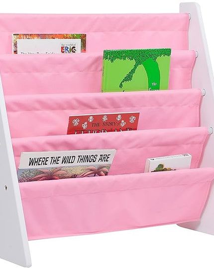 Wildkin Kids Canvas Sling Bookshelf for Boys and Girls, Wooden Design Features Four Fabric Shelves, Keep Bedrooms, Playrooms, and Classrooms Organized, Measures 25 x 24 x 11 Inches (White w/ Pink) - LeafyLoom
