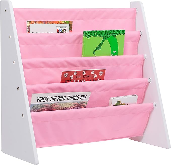 Wildkin Kids Canvas Sling Bookshelf for Boys and Girls, Wooden Design Features Four Fabric Shelves, Keep Bedrooms, Playrooms, and Classrooms Organized, Measures 25 x 24 x 11 Inches (White w/ Pink) - LeafyLoom