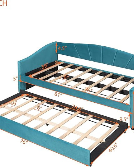 Twin Size Upholstered Daybed with Trundle, Wood Slat Support Sofa Bed with Armrest, No Box Spring Needed, Easy to Assemble, for Studio, Bedroom, Living, Guest Room, Blue - LeafyLoom