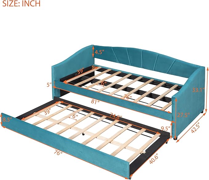 Twin Size Upholstered Daybed with Trundle, Wood Slat Support Sofa Bed with Armrest, No Box Spring Needed, Easy to Assemble, for Studio, Bedroom, Living, Guest Room, Blue - LeafyLoom