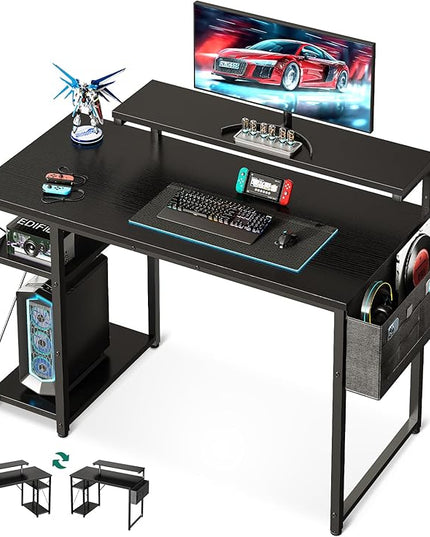 KKL 40 inch Small Computer Desk with Adjustable Monitor Stand, Home Office Desk & Workstation with Storage Shelves, Reversible Work Writing Study Table for Bedroom, Black - LeafyLoom