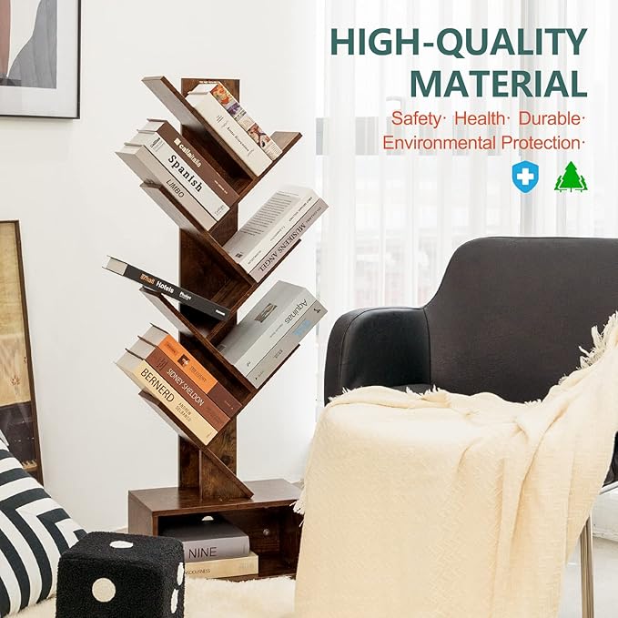 Yoobure Tree Bookshelf - 6 Shelf Retro Floor Standing Bookcase, Tall Wood Book Storage Rack for CDs/Movies/Books, Utility Book Organizer Shelves for Bedroom, Living Room, Home Office - LeafyLoom