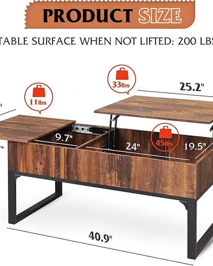 WLIVE Lift Top Coffee Table with Storage, Coffee Table with Lifting Top & Sliding Top, Wood Coffee Table for Living Room, Modern Center Table with 2 Hidden Compartment for Home, Office, Retro Brown - LeafyLoom