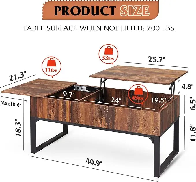 WLIVE Lift Top Coffee Table with Storage, Coffee Table with Lifting Top & Sliding Top, Wood Coffee Table for Living Room, Modern Center Table with 2 Hidden Compartment for Home, Office, Retro Brown - LeafyLoom