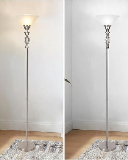 Torchiere Floor Lamps for Living Room & Bedroom – Stand Up Lamp with Corner Floor Lamp Design – Traditional Iron Scroll 70" Tall Alabaster Glass Bowl Shade (Brushed Nickel) - LeafyLoom