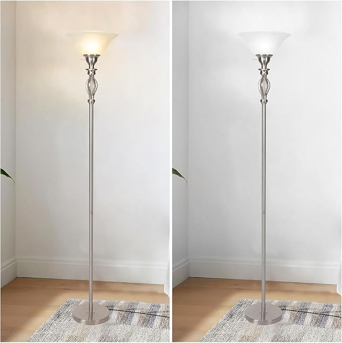 Torchiere Floor Lamps for Living Room & Bedroom – Stand Up Lamp with Corner Floor Lamp Design – Traditional Iron Scroll 70" Tall Alabaster Glass Bowl Shade (Brushed Nickel) - LeafyLoom