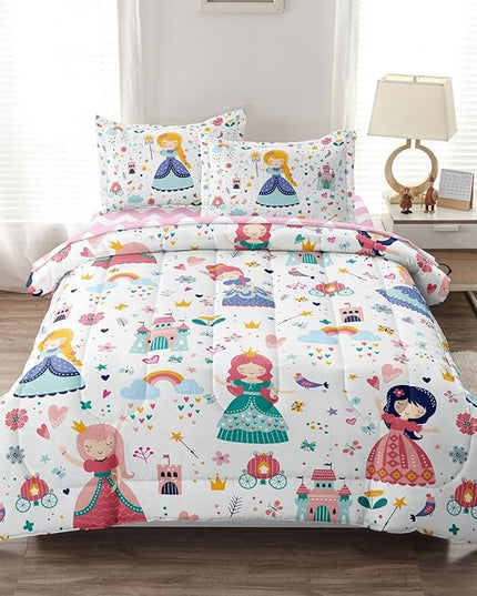 Girls Twin Bedding Sets, Kids Comforter Set for Teens w/Sheets and Pillowcase, Soft Reversible Cartoon Princess Bed in a Bag Sets - LeafyLoom