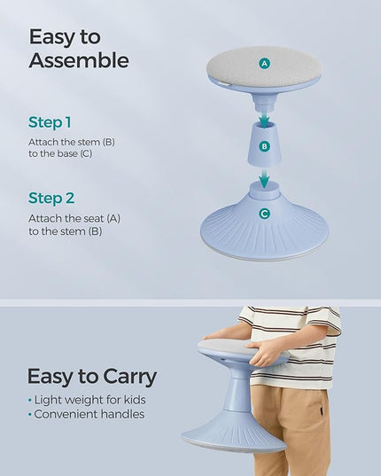 SONGMICS Kids Wobble Chair, Wiggle Stool for Kids Ages 5-8, Comfortable 60D Foam Seat, Breathable Fabric, Anti-Slip Base, 14.2-Inch High, Tool-Free Assembly, Pale Blue and Dove Gray UOSC009Q01 - LeafyLoom
