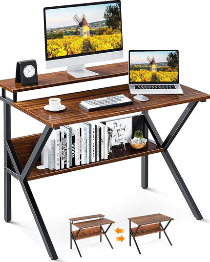 ODK Small Desk, 27.5 Inch Small Computer Desk for Small Spaces, Compact Desk with Storage, Tiny Desk Study Desk with Monitor Stand for Home Office, Espresso - LeafyLoom