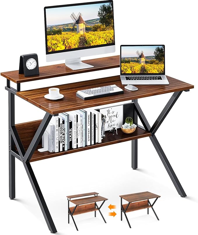 ODK Small Desk, 27.5 Inch Small Computer Desk for Small Spaces, Compact Desk with Storage, Tiny Desk Study Desk with Monitor Stand for Home Office, Espresso - LeafyLoom