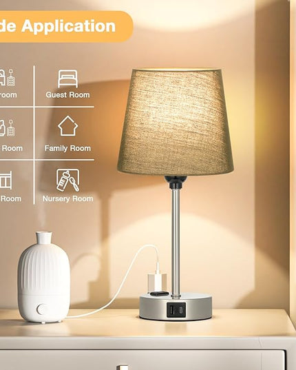 Table Lamps for Bedrooms Set of 2 Bedside - Nightstand Bedroom Lamp with USB C Port and AC Outlet Charging, Dimmable Touch Small End Side Lamp, Black Night Stand Light for Kid/Guest Room/Living Room - LeafyLoom