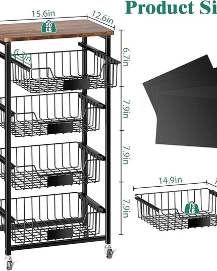 Kitchen Storage Cart with Wheels, 5-Tier Metal Utility Rolling Cart Fruit Vegetable Storage Basket Pantry Rack with Wood Top & Pull Out Baskets for Kitchen, Livingroom, Diningroom, Office - LeafyLoom