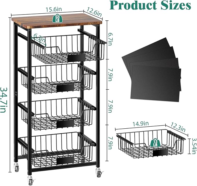 Kitchen Storage Cart with Wheels, 5-Tier Metal Utility Rolling Cart Fruit Vegetable Storage Basket Pantry Rack with Wood Top & Pull Out Baskets for Kitchen, Livingroom, Diningroom, Office - LeafyLoom