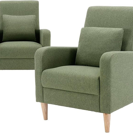 COLAMY Modern Accent Living Room Chairs Set of 2, Upholstered Fabric Armchair Reading Side Chair, Single Sofa with Back Pillow and Wood Legs, Green - LeafyLoom