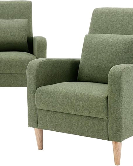 COLAMY Modern Accent Living Room Chairs Set of 2, Upholstered Fabric Armchair Reading Side Chair, Single Sofa with Back Pillow and Wood Legs, Green - LeafyLoom