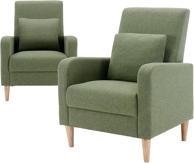 COLAMY Modern Accent Living Room Chairs Set of 2, Upholstered Fabric Armchair Reading Side Chair, Single Sofa with Back Pillow and Wood Legs, Green - LeafyLoom
