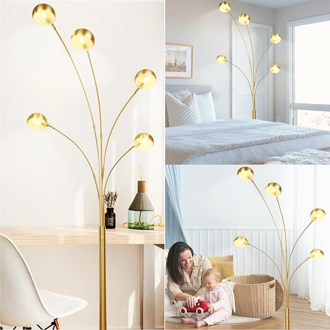 Depuley 5-Light Modern LED Floor Lamp, Adjustable Metal Tall Standing Lamps with Marble Base, Dimmable Spider Floor Lamps with Flexible Rotating Lights for Living Room(Gold, E12 Bulbs Included) - LeafyLoom