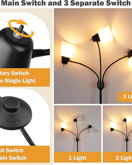 FOLKSMATE 3-Light Floor Lamp, LED Medusa Muiti-Head Adjustable Arc Standing Lamp, Gooseneck Tree Tall Light for Living Room, Kid Room, Bedroom, Black - LeafyLoom