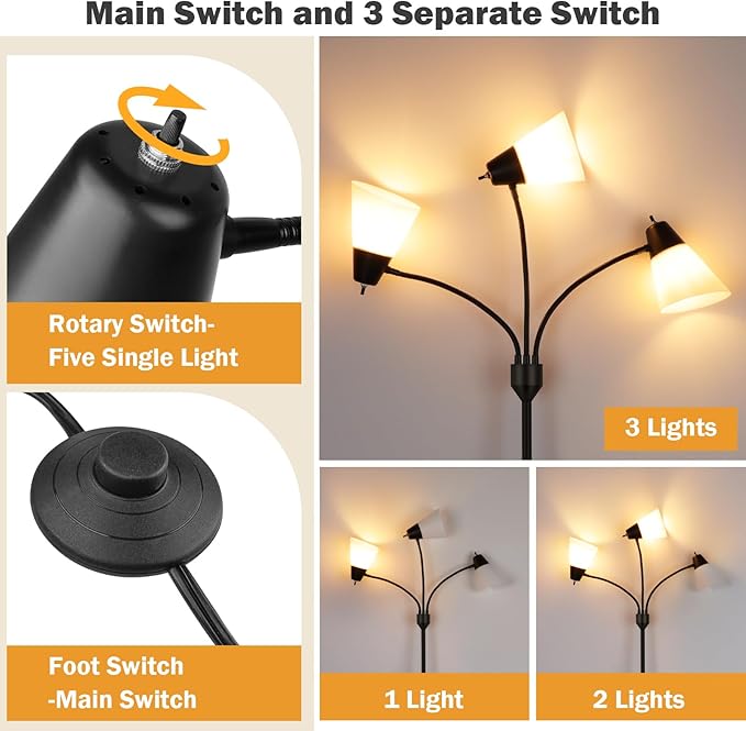 FOLKSMATE 3-Light Floor Lamp, LED Medusa Muiti-Head Adjustable Arc Standing Lamp, Gooseneck Tree Tall Light for Living Room, Kid Room, Bedroom, Black - LeafyLoom