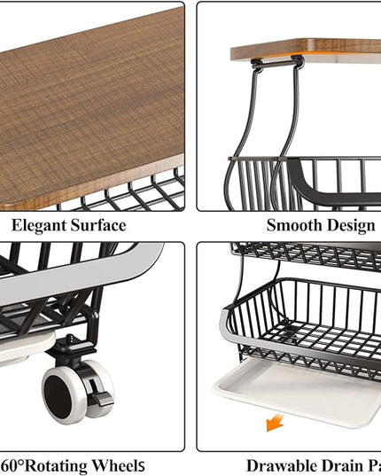 Wisdom Star 6 Tier Fruit Vegetable Basket for Kitchen with Wooden Tabletop, Storage Cart Vegetable Basket Bins for Onions and Potatoes, Wire Storage Basket Organizer Utility Cart with Wheels, Black - LeafyLoom